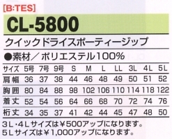 CL5800 クイックDスポーティジップ廃番のサイズ画像