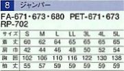 PET671 長袖ジャンパー(16廃番)のサイズ画像