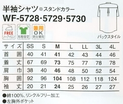 WF5728 半袖シャツ(17廃番)のサイズ画像