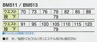 BM513 ツータックカーゴパンツのサイズ画像