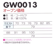 GW0013 カーゴパンツ(14廃番)のサイズ画像