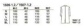 1506-1 男子ダブル医療衣長袖のサイズ画像