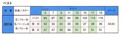 8516 ベスト(16廃番)のサイズ画像