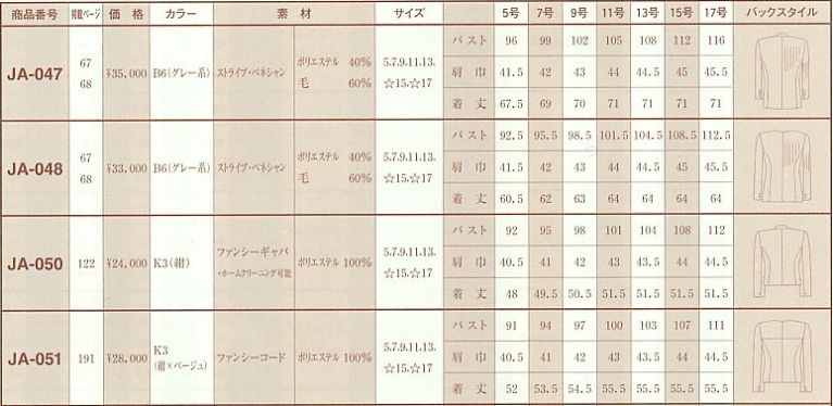 JA047 ジャケットのサイズ画像