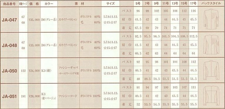 JA050 ジャケットのサイズ画像