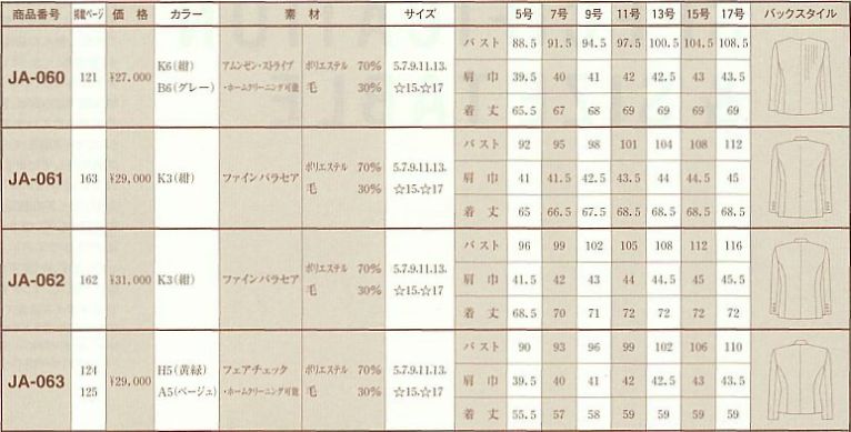 JA063 ジャケットのサイズ画像