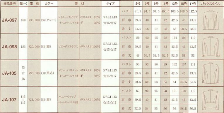 JA098 ジャケットのサイズ画像