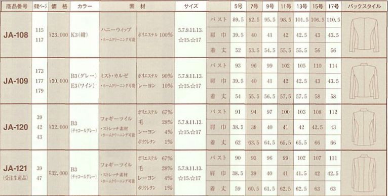 JA108 ジャケットのサイズ画像