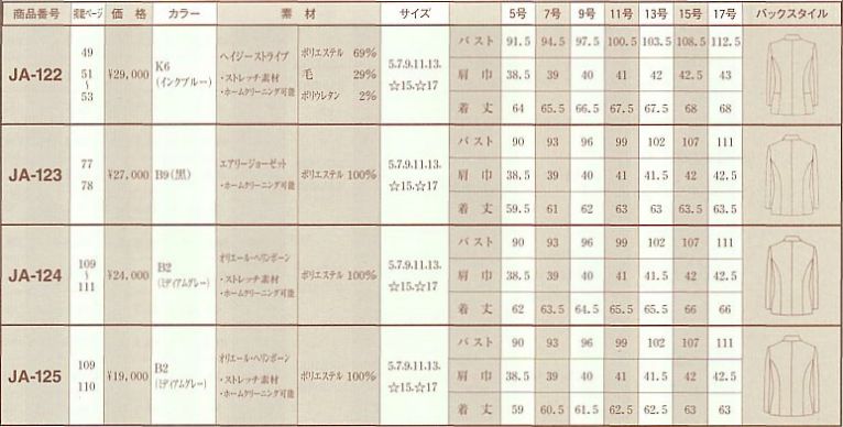 JA122 ジャケットのサイズ画像