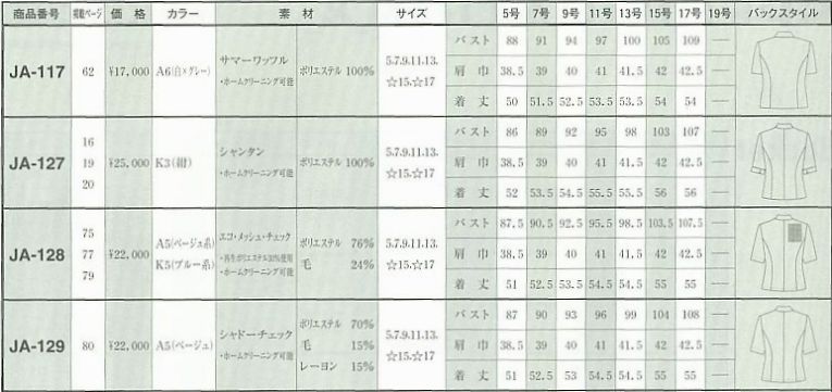 JA127 ジャケットのサイズ画像