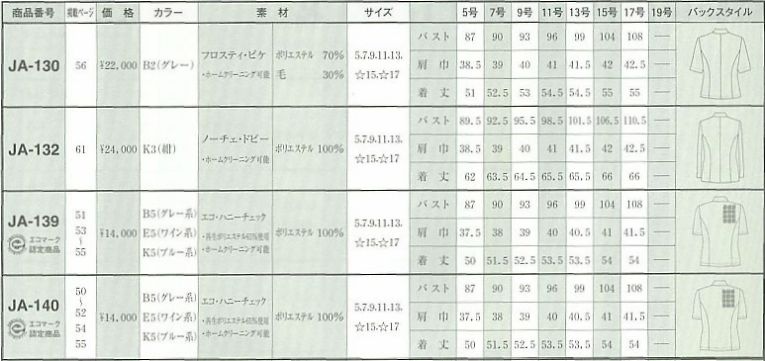 JA139 ジャケットのサイズ画像