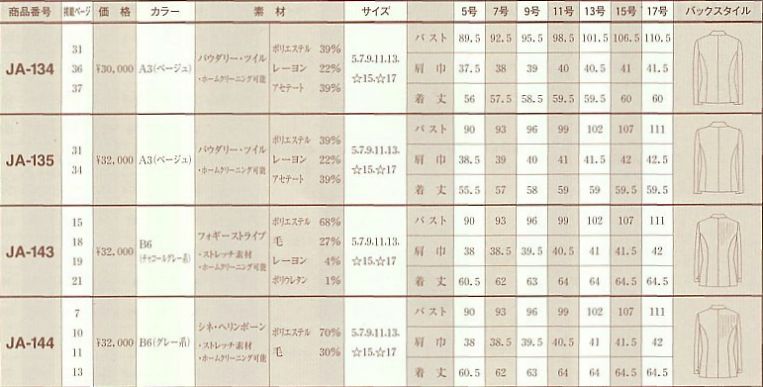 JA144 ジャケット(09廃番)のサイズ画像