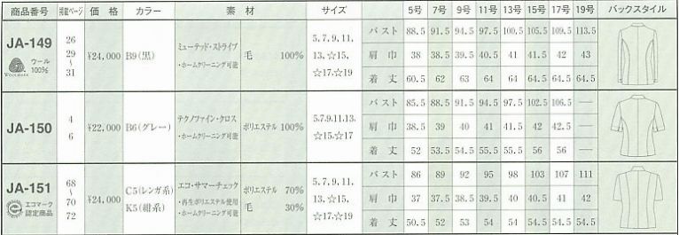 JA149 ジャケットのサイズ画像