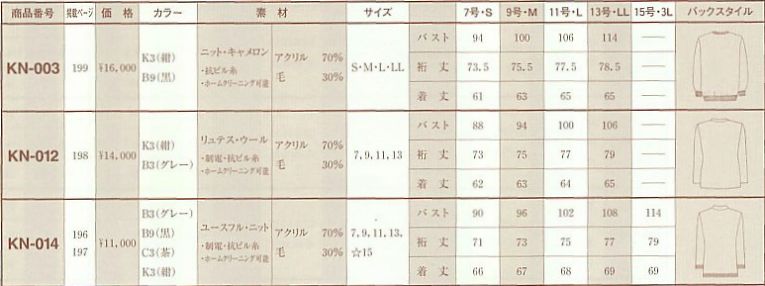 KN014 カーディガン(廃番)のサイズ画像