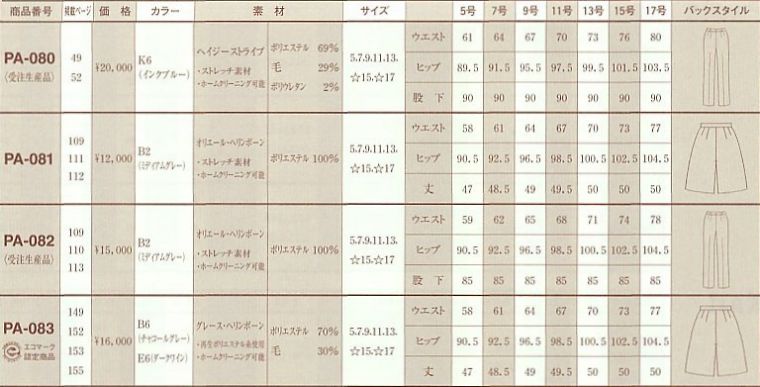 PA080 パンツのサイズ画像