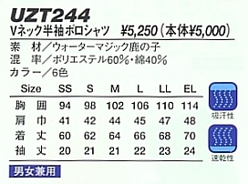 UZT244 Vネック半袖ポロシャツ(廃番のサイズ画像