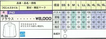 R36 ブラウス(16廃番)のサイズ画像