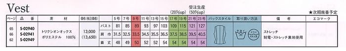 S02941 ベスト(事務服)(廃番)のサイズ画像