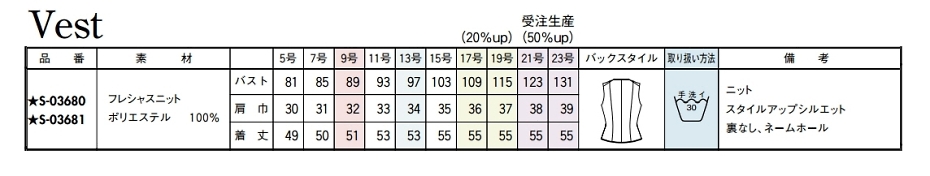 S03681 ベスト(事務服)(16廃番)のサイズ画像