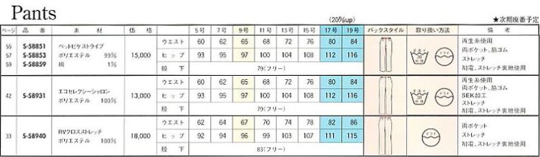 S58851 パンツ(14廃番)のサイズ画像