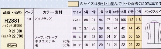 H2881 オーバーブラウス(12廃番)のサイズ画像