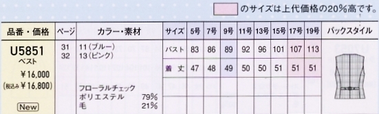U5851 ベスト(事務服)12廃番のサイズ画像