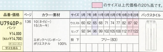 U7940P パンツ(受注生産)のサイズ画像