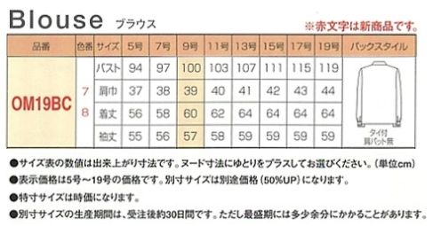 OM19BC ブラウス(10廃番)のサイズ画像