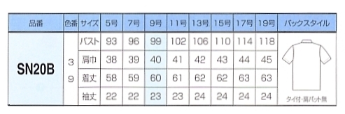SN20B 半袖ブラウス(廃番)のサイズ画像