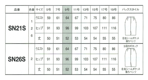 SN21S タイトスカート(12廃番)のサイズ画像