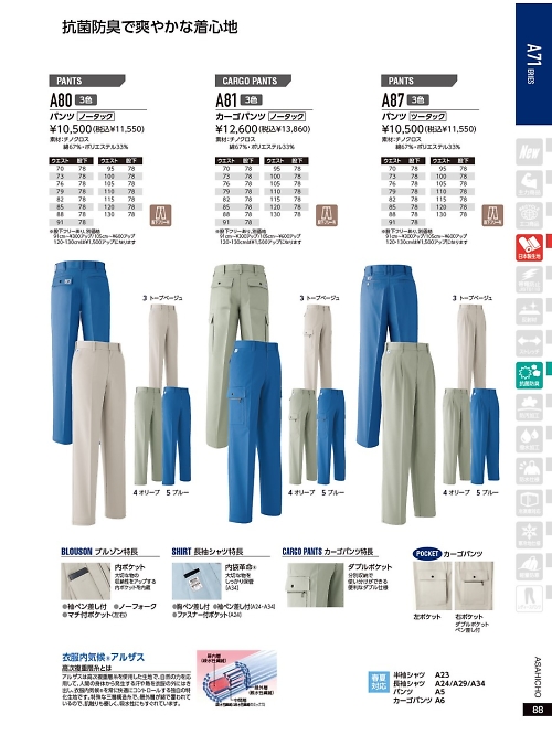 アサヒチョウ ASAHICHO WORKWEAR,A81 カーゴパンツ(ノータック)の写真は2021-22最新オンラインカタログ88ページに掲載されています。