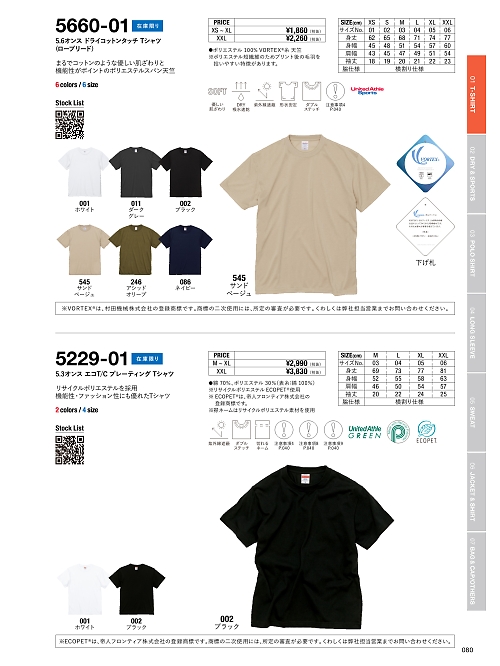 キャブ United Athle(ユナイテッドアスレ),5229-01,5.3オンスエコT/CプレーティングTシャツの写真は2024最新カタログ80ページに掲載されています。