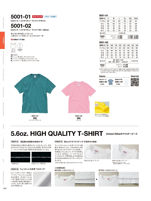 5001-02C 5.6オンスハイクオリティーTシャツ〈90~160cm〉(カラー)のカタログページにジャンプします
