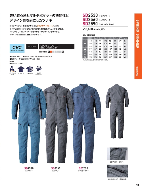 日の丸繊維 ＳｕｎＤｉｓｋ,SD2530,長袖ツナギ(トップブルー)の写真は2024最新カタログ13ページに掲載されています。