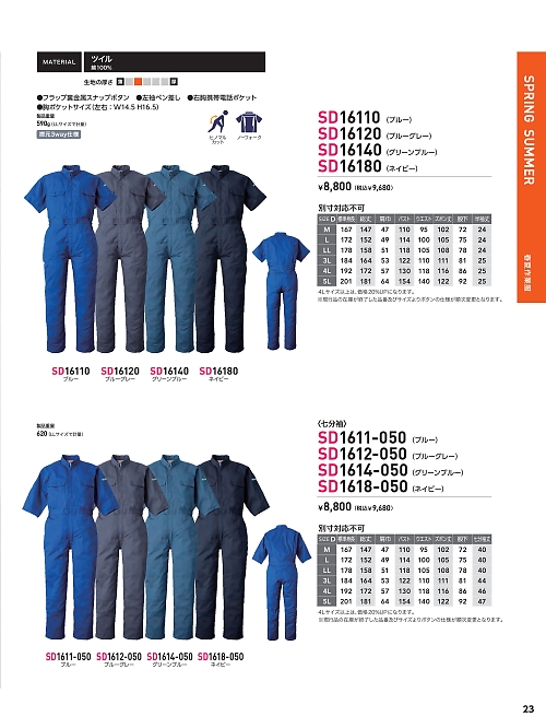 日の丸繊維 ＳｕｎＤｉｓｋ,SD1611-050,七分袖ツナギ(ブルー)の写真は2024最新カタログ23ページに掲載されています。