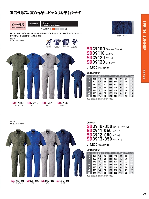 日の丸繊維 ＳｕｎＤｉｓｋ,SD39110 半袖ツナギ(ブルー)の写真は2024最新オンラインカタログ29ページに掲載されています。
