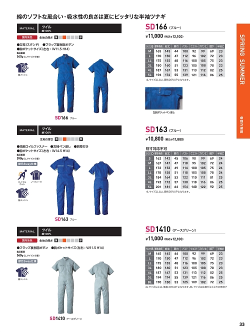 日の丸繊維 ＳｕｎＤｉｓｋ,SD163 サマーツナギ(ブルー)の写真は2024最新オンラインカタログ33ページに掲載されています。
