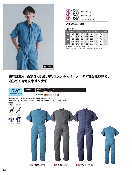 日の丸繊維 ＳｕｎＤｉｓｋ,SD1530 半袖ツナギ(トップブルー)の写真は2024最新オンラインカタログ34ページに掲載されています。