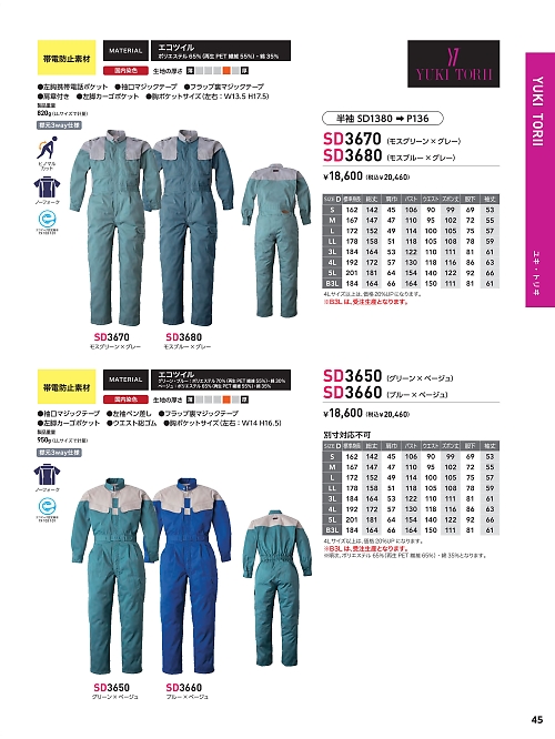 日の丸繊維 ＳｕｎＤｉｓｋ,SD3650 ツナギ(グリーン･ベージュ)の写真は2024最新オンラインカタログ45ページに掲載されています。