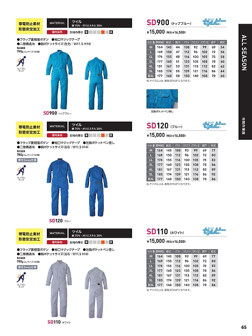 日の丸繊維 ＳｕｎＤｉｓｋ,SD900,ツナギ(ブルー)の写真は2024最新カタログ65ページに掲載されています。