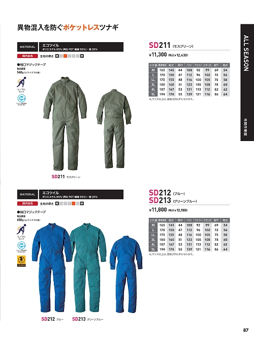 日の丸繊維 ＳｕｎＤｉｓｋ,SD213,ポケットレス続服(グリーンブルー)の写真は2024最新カタログ87ページに掲載されています。