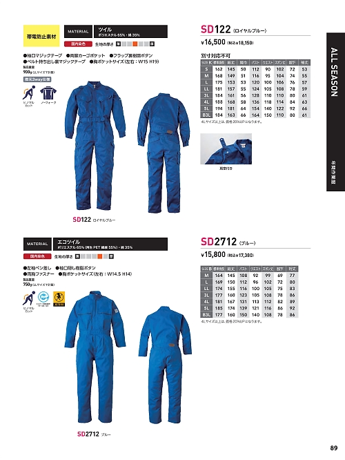 日の丸繊維 ＳｕｎＤｉｓｋ,SD2712,ツナギ(ブルー)の写真は2024最新カタログ89ページに掲載されています。