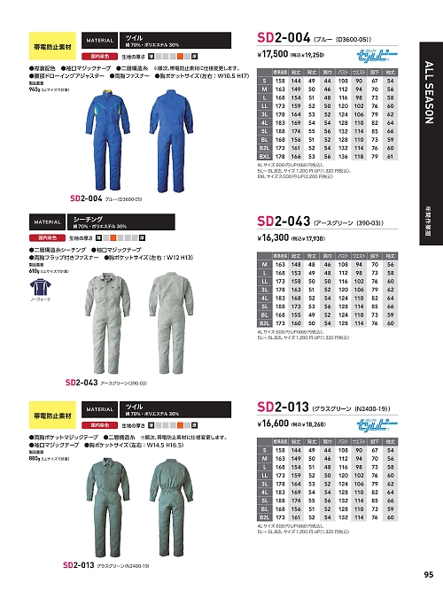 日の丸繊維 ＳｕｎＤｉｓｋ,SD2-004,D3600-05ツナギ(ブルー)の写真は2024最新カタログ95ページに掲載されています。