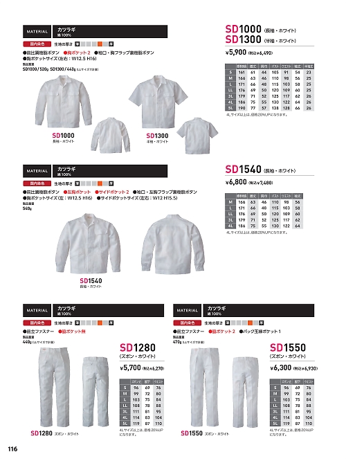 日の丸繊維 ＳｕｎＤｉｓｋ,SD1000,男子長袖(ホワイト)の写真は2024最新カタログ116ページに掲載されています。