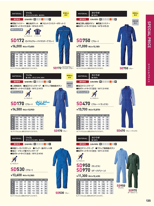 日の丸繊維 ＳｕｎＤｉｓｋ,SD170 ツナギ(ブルー)の写真は2024最新オンラインカタログ135ページに掲載されています。