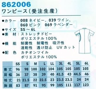 862006 ワンピース(受注生産)のサイズ画像