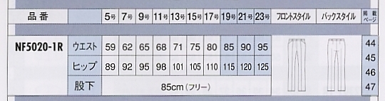 NF5020 パンツ(10廃番)のサイズ画像