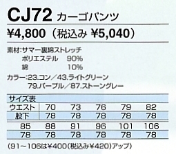 CJ72 カーゴパンツのサイズ画像