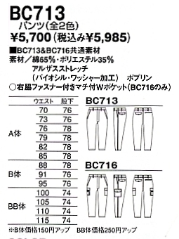 BC713 パンツ(廃番)のサイズ画像