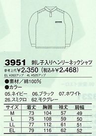 3951 刺し子入りヘンリーネックシャツのサイズ画像